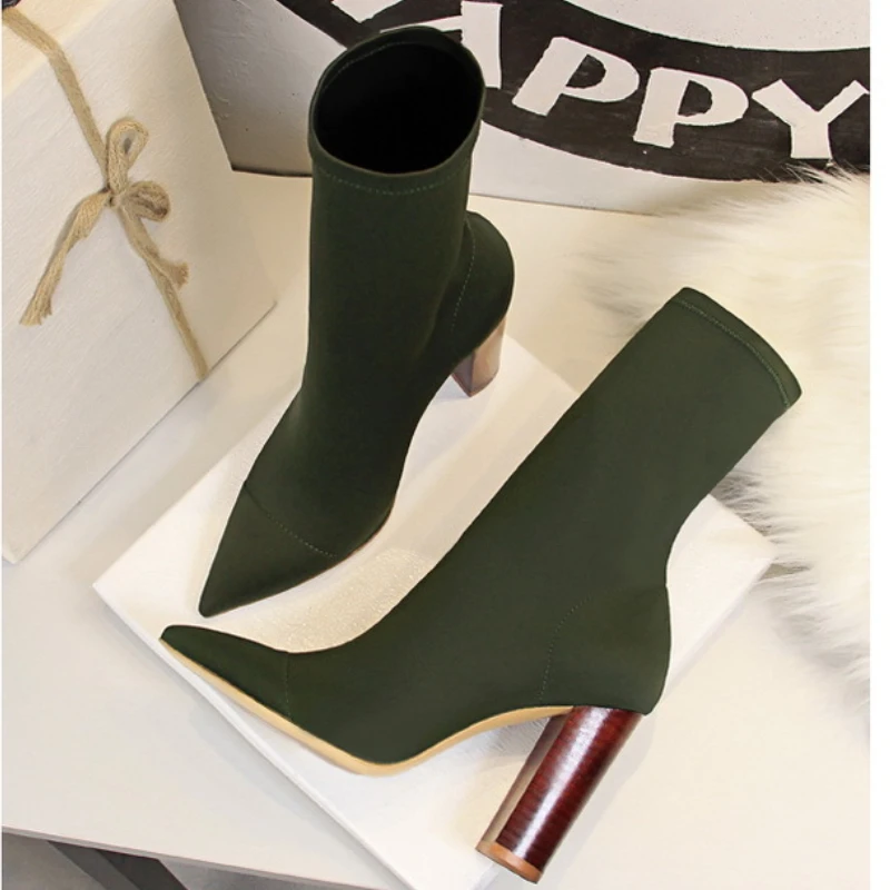 Sexy High Heel Sock Boots Women Mid-Calf Boots Pointed Stretch Fabric Thin Heeled Women Boots Autumn Winter Shoes Female Booties