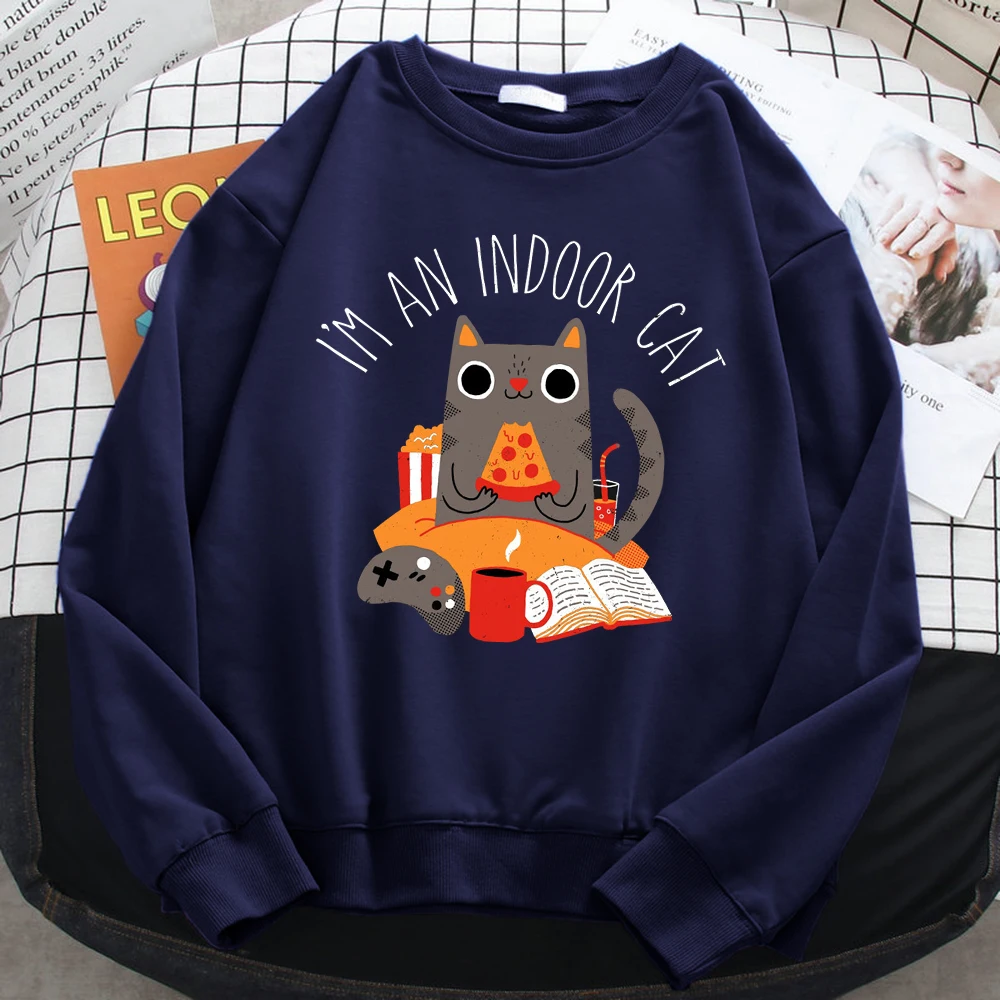 Street Women Sweatshirts Cat Sitting And Eating Pizza Printing Hoodies Comfortable All-Math Pullover Crewneck Loose Female Tops