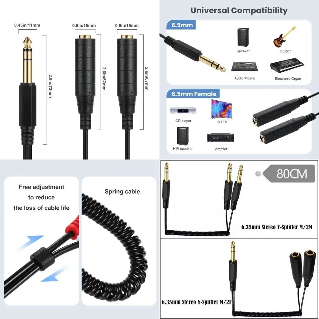 27RA 2x6.35mm 1/4inch to 6.35mm Microphones Cable 2 Mono 6.35mm to 6.35mm Cable