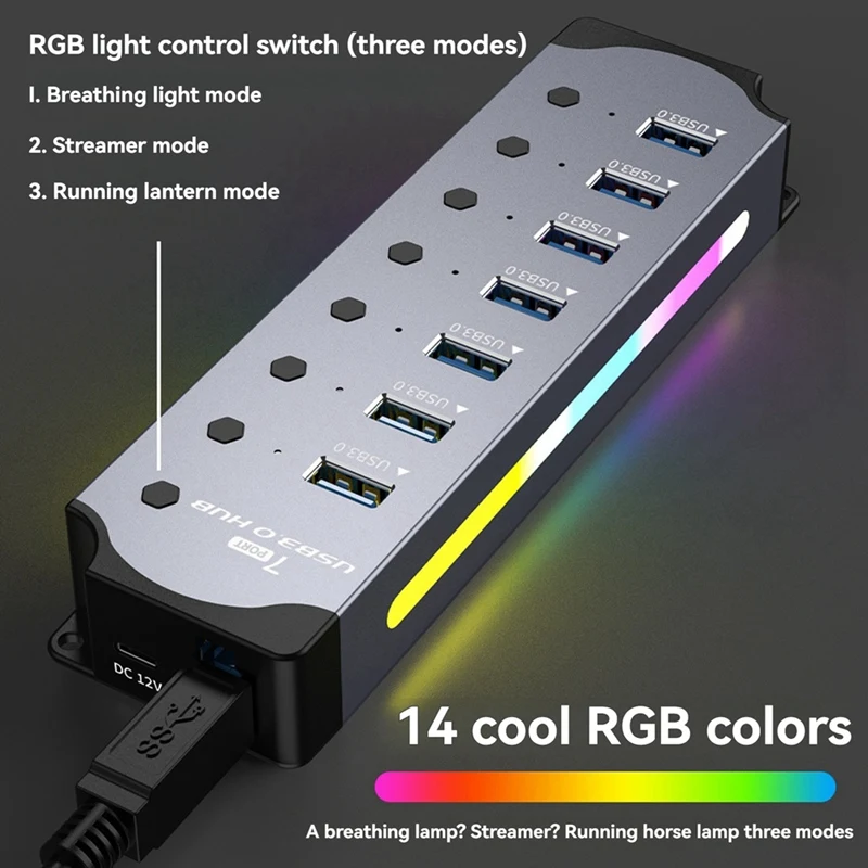 USB 3.0 허브, LED 스트립이 있는 7 포트 RGB 허브, 동적 모드, 스위치, PC용 알루미늄 케이스 허브, 노트북 EU 플러그