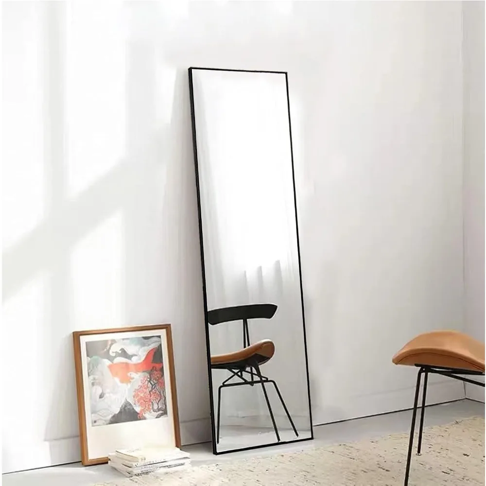 Miroir sur pied sur pied avec cadre fin en alliage d'aluminium, pleine longueur, corps entier, chambre à coucher, salon, noir, 59 po x 16 po