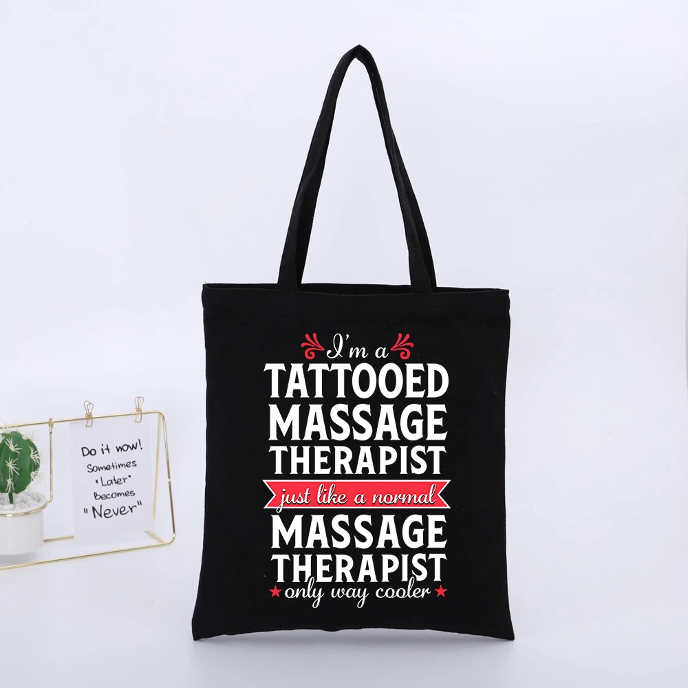 Massage Therapist's Black Canvas Tote Bag with Typography Print, Casual Style for Daily rk and Professional Outings