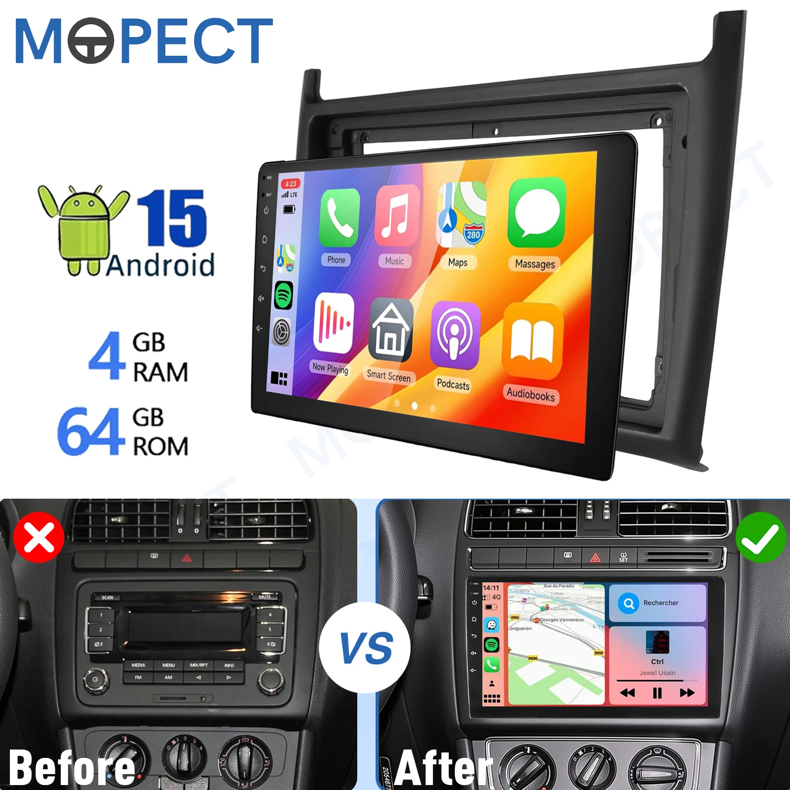 9 inch Android 15.0 autoradio 4+64GB voor VW Polo 6R 6C V 2009-2017 Apple CarPlay IPS touchscreen GPS navigatie FM/AM SWC Bluetooth