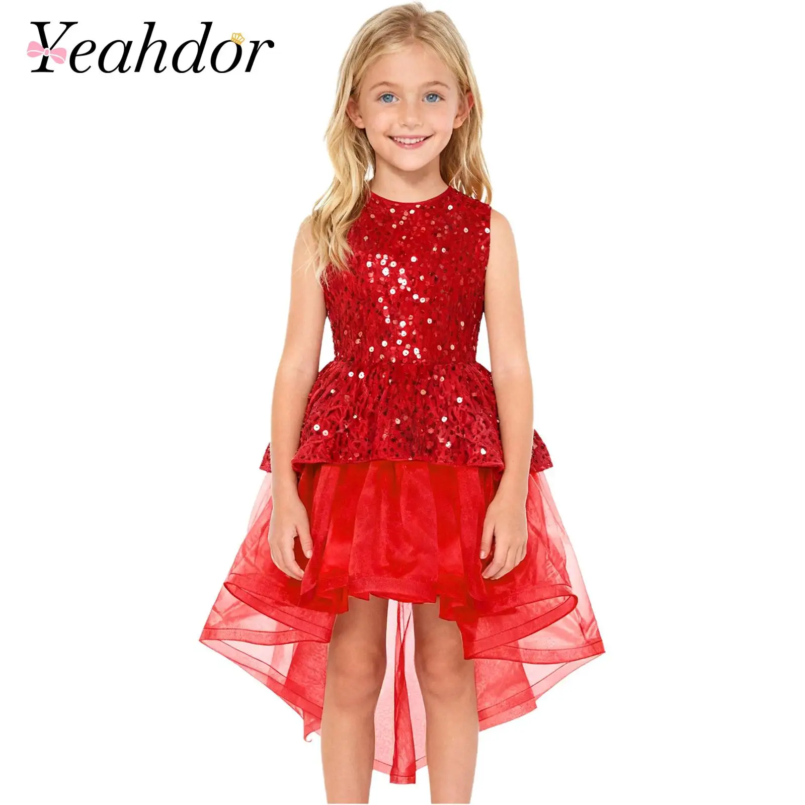 

Girls Sequin Dress Formal Elegant Party Gowns Sequin Sleeveless Tiered High-low Tutu Dress Birthday Wedding Flower Girl Dresses