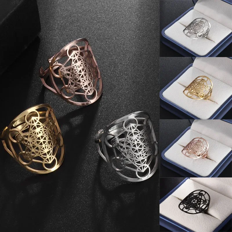 Stainless Steel Classic Flower of Life Chakra Hexagram Adjustable Ring Archangel Divine Metatron Jewelry Gift for Men Women