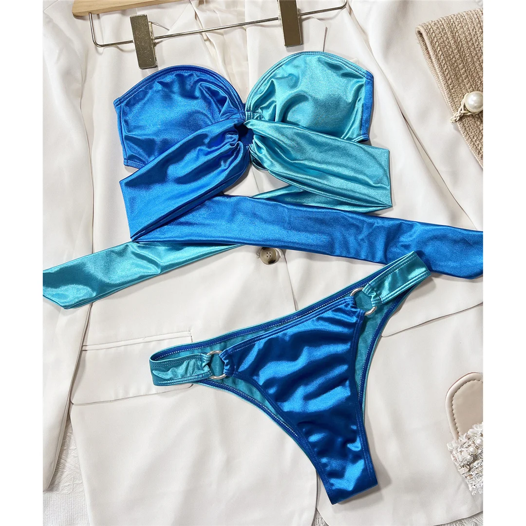 Neuer sexy, trägerloser Bandeau-Bikini mit Splicing-Design, Damen-Badeanzug, zweiteiliger Bikini-Set, Badebekleidung, Badeanzug, Schwimmanzug V3859 – Detail 20