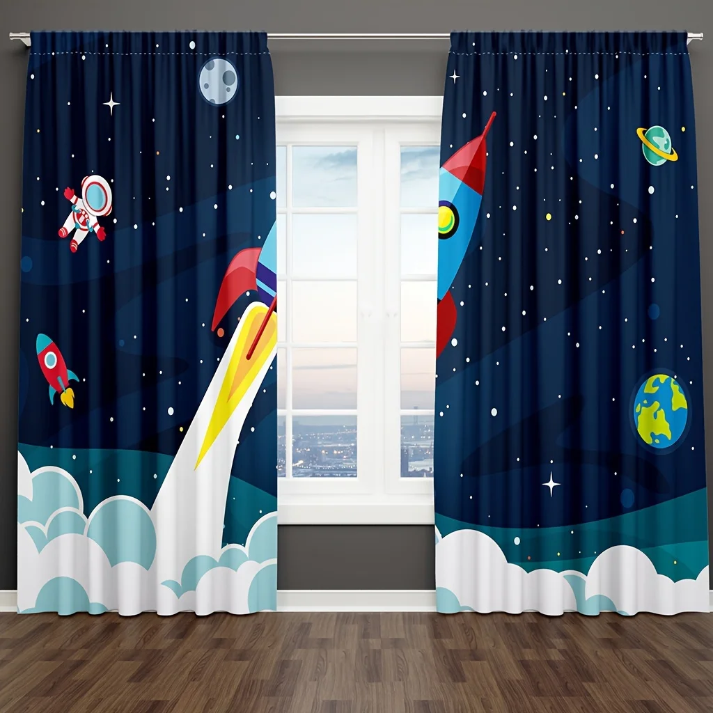 2PCS Cartoon Rocket Curtains Boys Girls Galaxy Rocket  Astronaut Rod Pocket Window Treatments Blue Curtain.