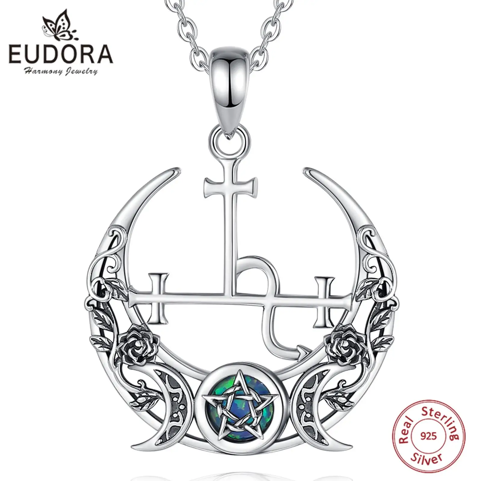 Eudora 925 Sterling Silver Lilith Moon Necklace for Women Man Opal Triple Moon Goddess Amulet Pendant Personality Jewelry Gift