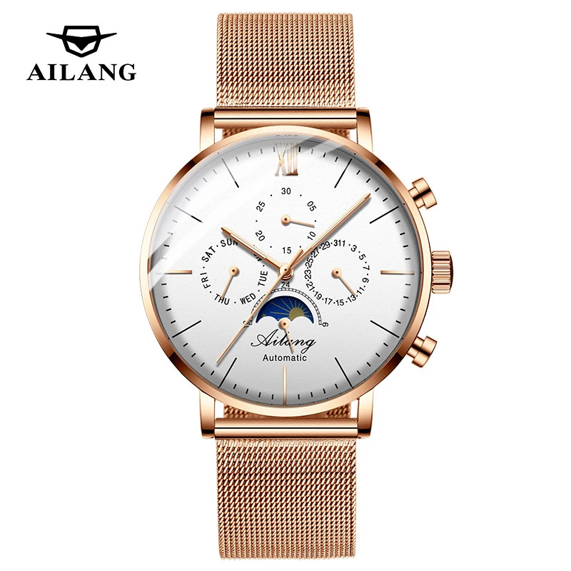 

AILANG Brand New Fashion Mechanical Watch for Men Stainless Steel Mesh Strap Automatic Moon Phase Watches Mens Business Clock