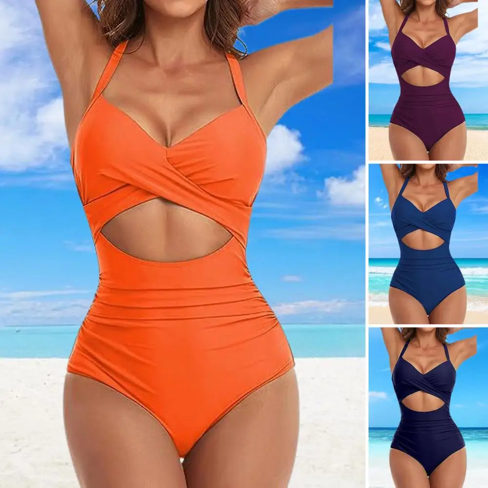 Maiô monokini de peça única para mulheres, gravata traseira, pescoço na cabeçada, design oco, moda praia sexy, ajuste fino, secagem rápida, elegante