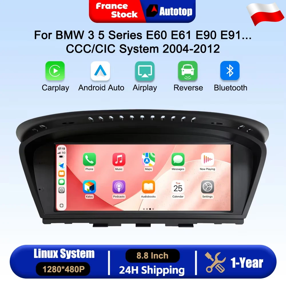 Bezprzewodowe radio samochodowe CarPlay Android Auto 8,8 cala do BMW serii 3 5 E60 E61 E63 E64 E90 E91 E92 z systemem CCC CIC 2004-2012, inteligentny system multimedialny z ekranem dotykowym,