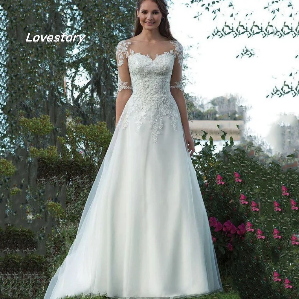 Elegant A Line ชุดแต่งงาน Sweetheart Applique Tulle ปุ่มชุดเจ้าสาวครึ่งแขนชุดเจ้าสาว Vestido De Novia