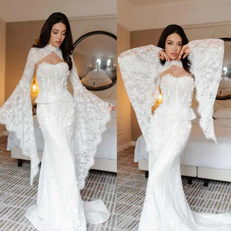 Customized Elegant Bridal Bolero High-Collar Full Flared Sleeves Lace Bridal Jacket Women Dresses Wedding Accessories