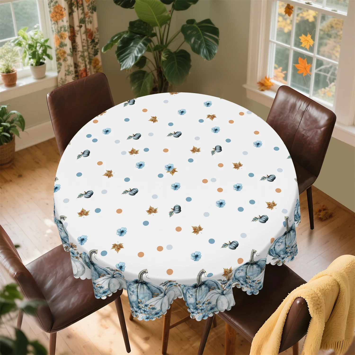 Blue watercolor pumpkin flower leaves autumn tablecloth, 1 pack, suitable for Thanksgivingzyc