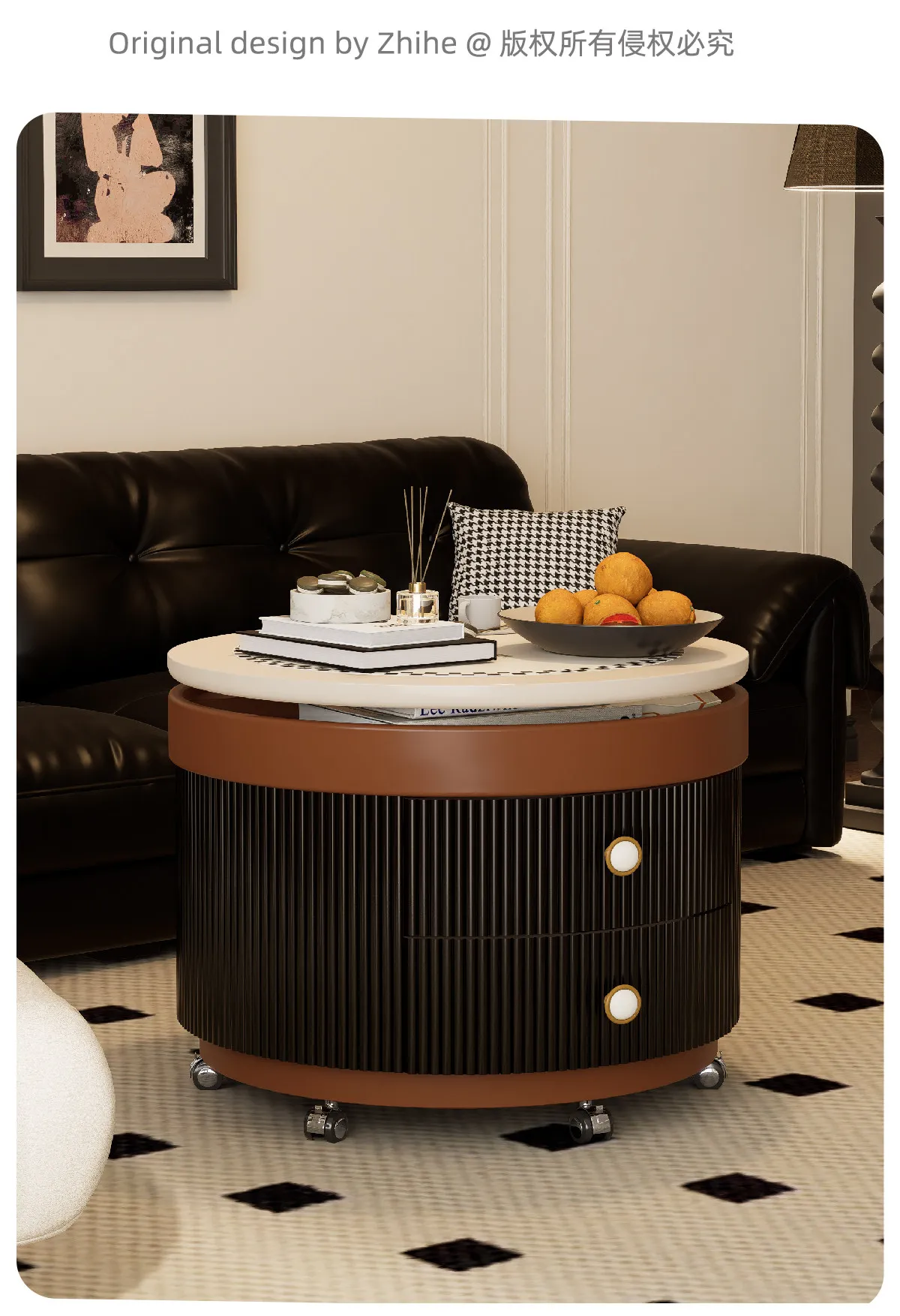 YJQ coffee table living room household small apartment movable lifting round rock slab tea table