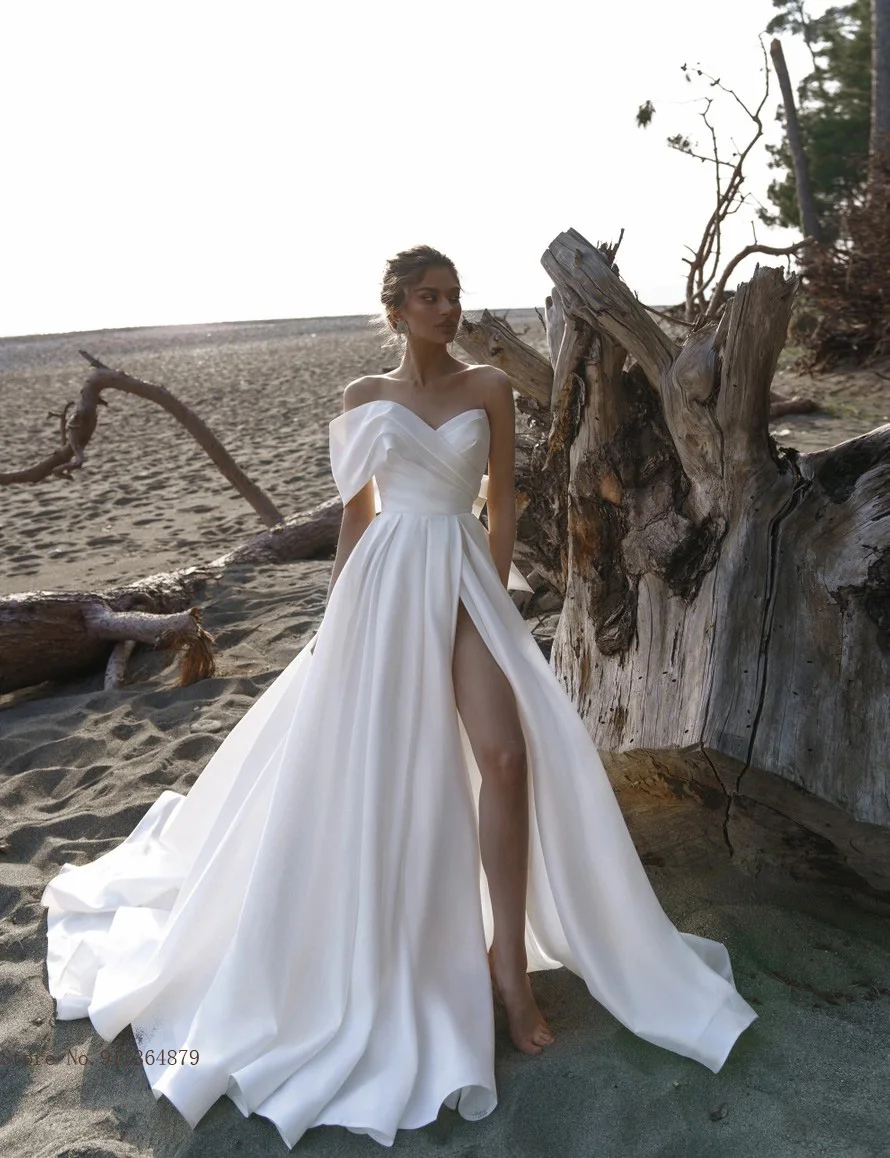 Custom Made Bridal Satin Wedding Gowns Runched One Shoulder 2022 Vestido Novia A Line Wedding Dresses Long Train