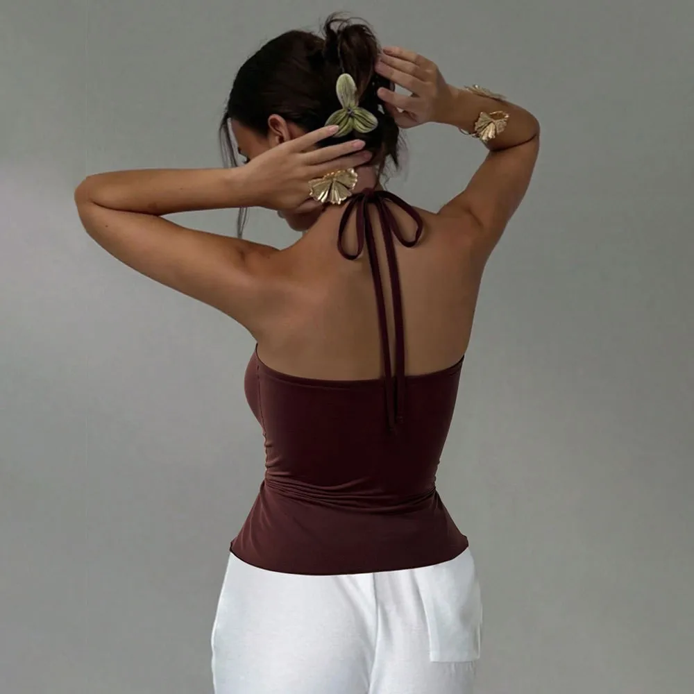 Damen Sommer Y2K Einfarbiges Braunes Camisole Tanktop mit Neckholder, Gerafftem Ausschnitt, Ärmellos und Metallspiraldetail