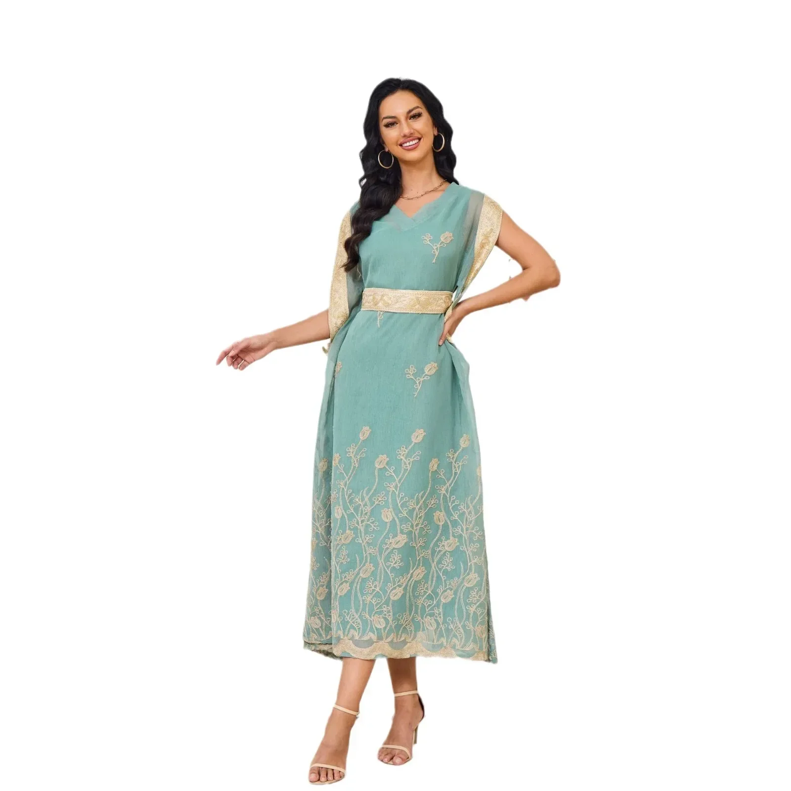 Elegant Sleeveless V-neck Dubai Abaya Vintage Embroidery Robe Muslim Abaya for Women Turkish Islam Clothing High Waist for Party