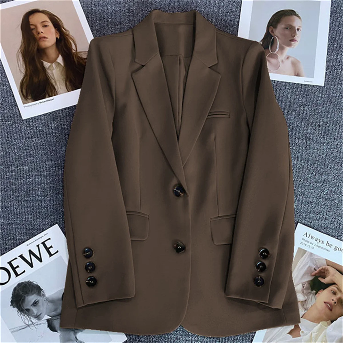 Autumn Winter New Women Jacket Fashion Small Suit Top Brown Suit Coat Clothes Loose Straight Temperament Female Slim Blazer