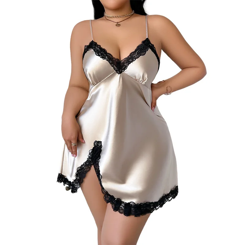 Fashion Solid Color Plus Size Nightdress for Women Luxury Summer Imitation Silk Loose Casual Home Clothes Sexy Lace Pajamas