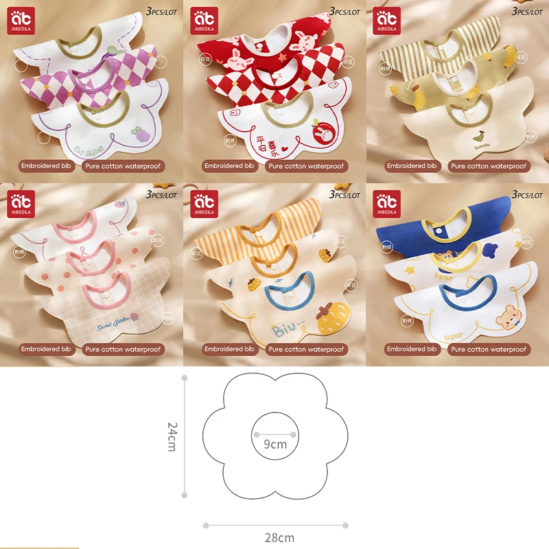 3Pcs Waterproof Bibs for Infants Embroidered Pattern Baby Bibs Comfortable Newborns Bibs Comfortable Cotton Bibs Gift