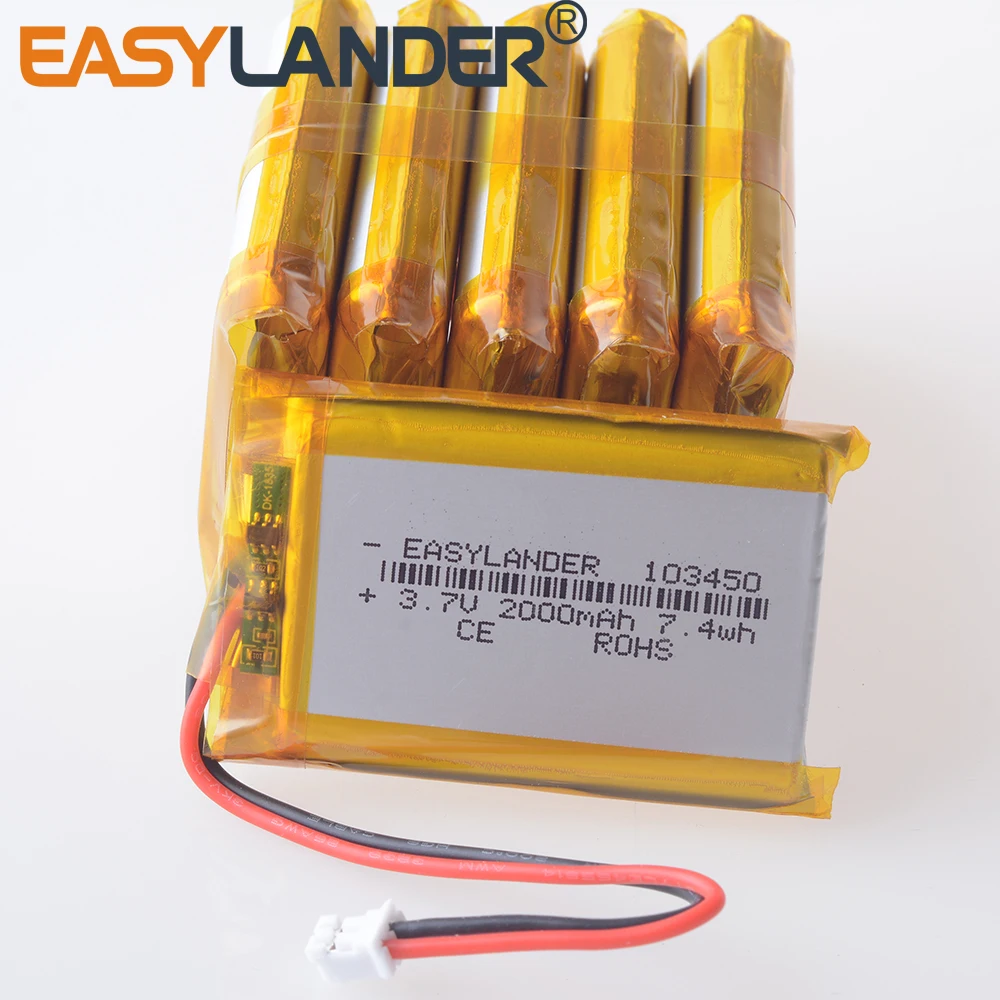 Silicone Wires 103450 CE+Rohs 3.7V 2000mAh Rechargeable Li-Polymer Li-ion Battery Lipo Batteries