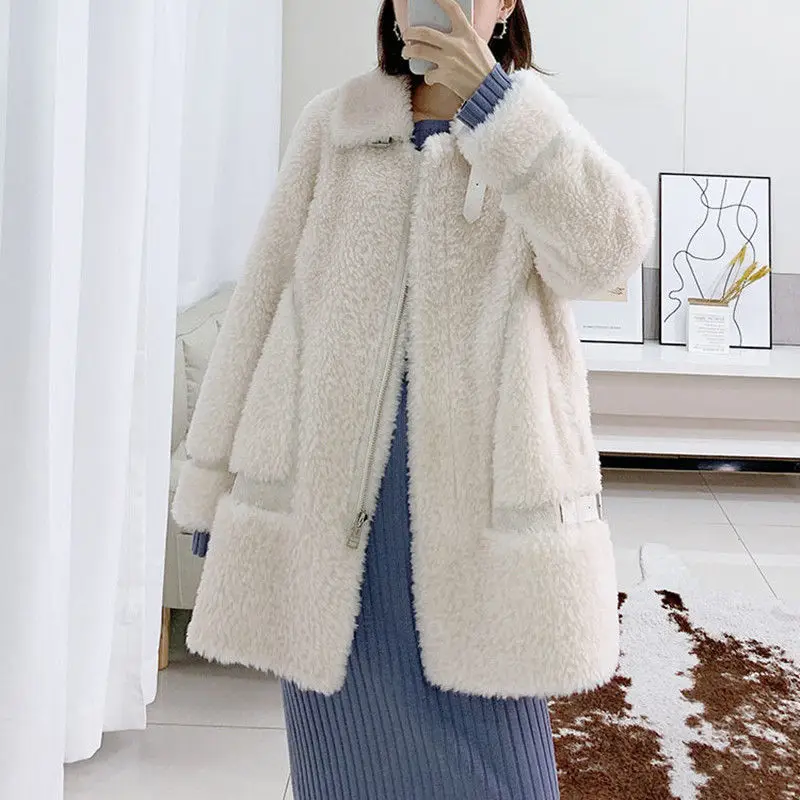 Cappotto di pelliccia di agnello truciolare da donna, capispalla Casual, di grandi dimensioni, tutto abbinato, spesso, caldo, moda femminile, inverno, 2024