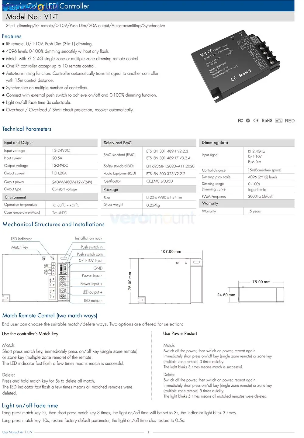 Skydance DC12-24V RF 0-10V PWM 20A LED Dimmer 3-in-1 V1-T RT1 R1 Monochrome Lamp Controller for Single Color Strip Light