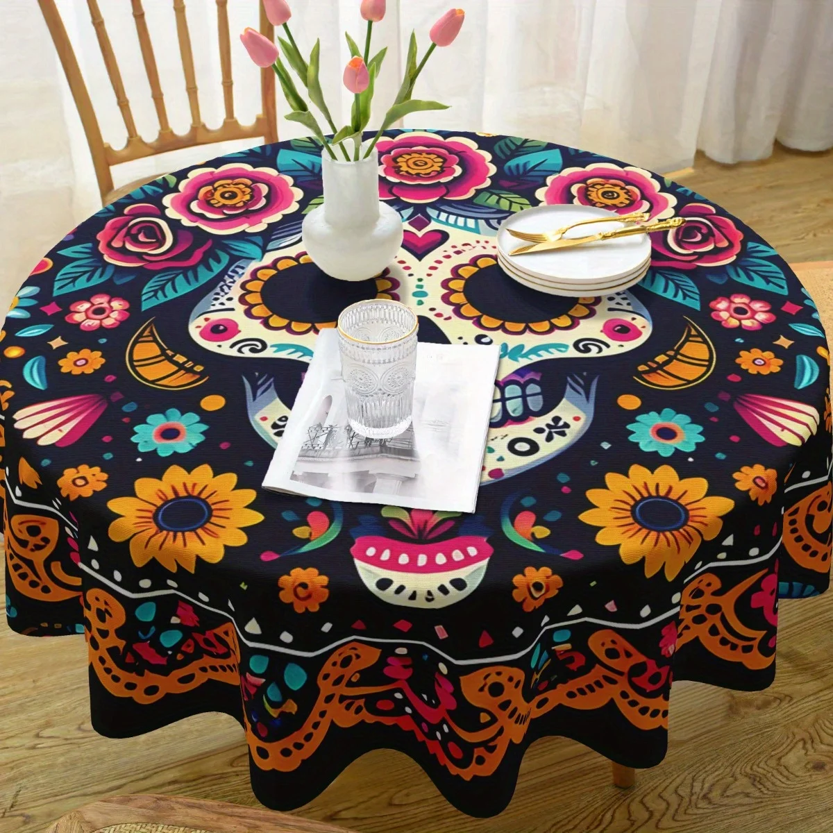 One colorful Day of the Dead tablecloth - round or rectangular Bohemian style with flowers and skulls (Caravellas)zyc