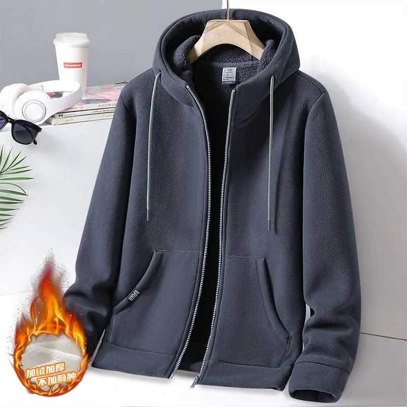 2024 Autumn/Winter New Fashion Solid Color Thick Warm Lamb Fleece Jacket Men's Casual Loose Sports Large Size Hooded Coat M-5XL