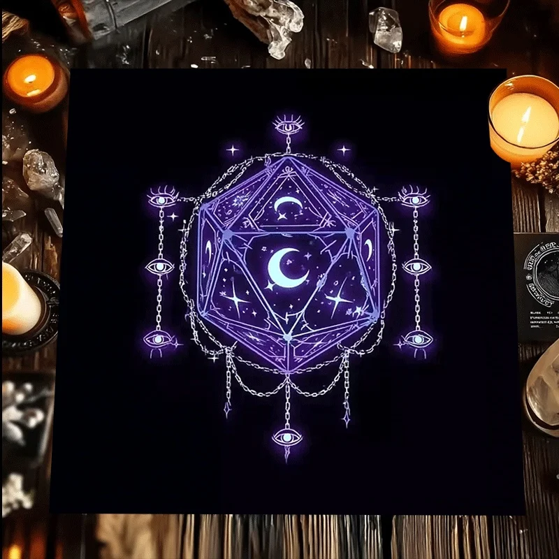 Witchy D20 Dice Occult Altar Cloth Mystic Eye of Providence Celestial Moon Boho Table Runner Tarot Divination Decor