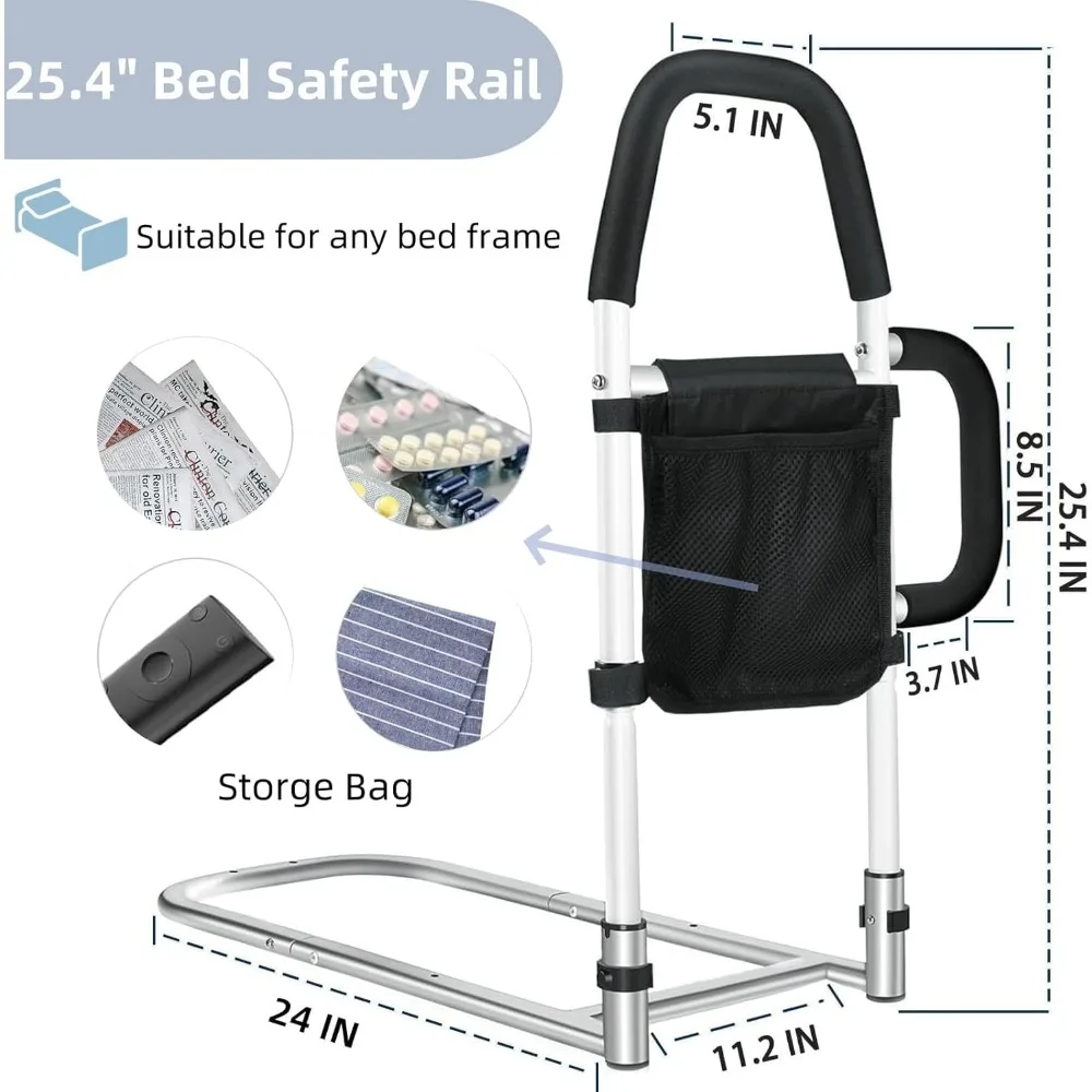 Rail de sécurité de lit pour adultes âgés avec barres d'appui et poche de rangement, convient aux lits Queen, King, Full, Twin, supporte jusqu'à 350 lb
