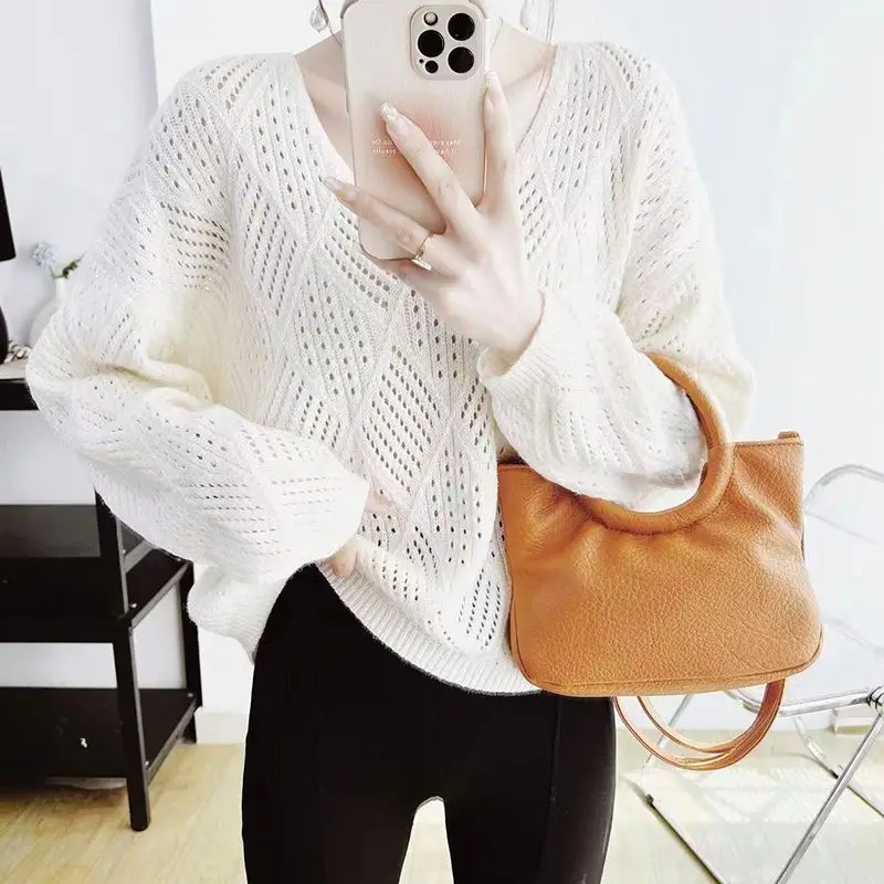 

Lazy Loose Hollow out Sweater Women Long Sleeve Pullover 2023 Early Summer New Vintage Japanese V Neck Knit Sweater Female Top