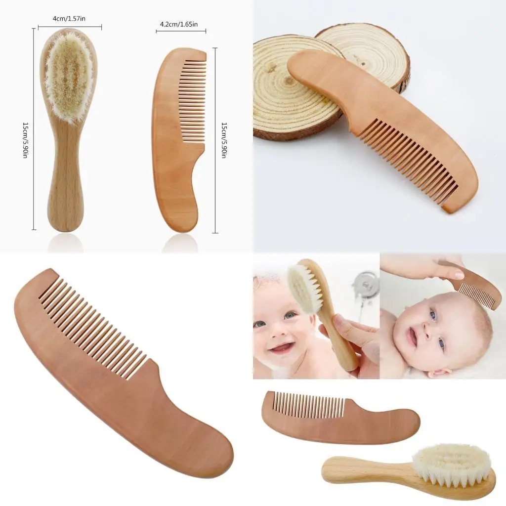 

652F Baby Hair Brush Hair Comb Set Round Wooden Brush Newborn Skin Massager Brush Infant Hair Grooming Comb Bathing Brush