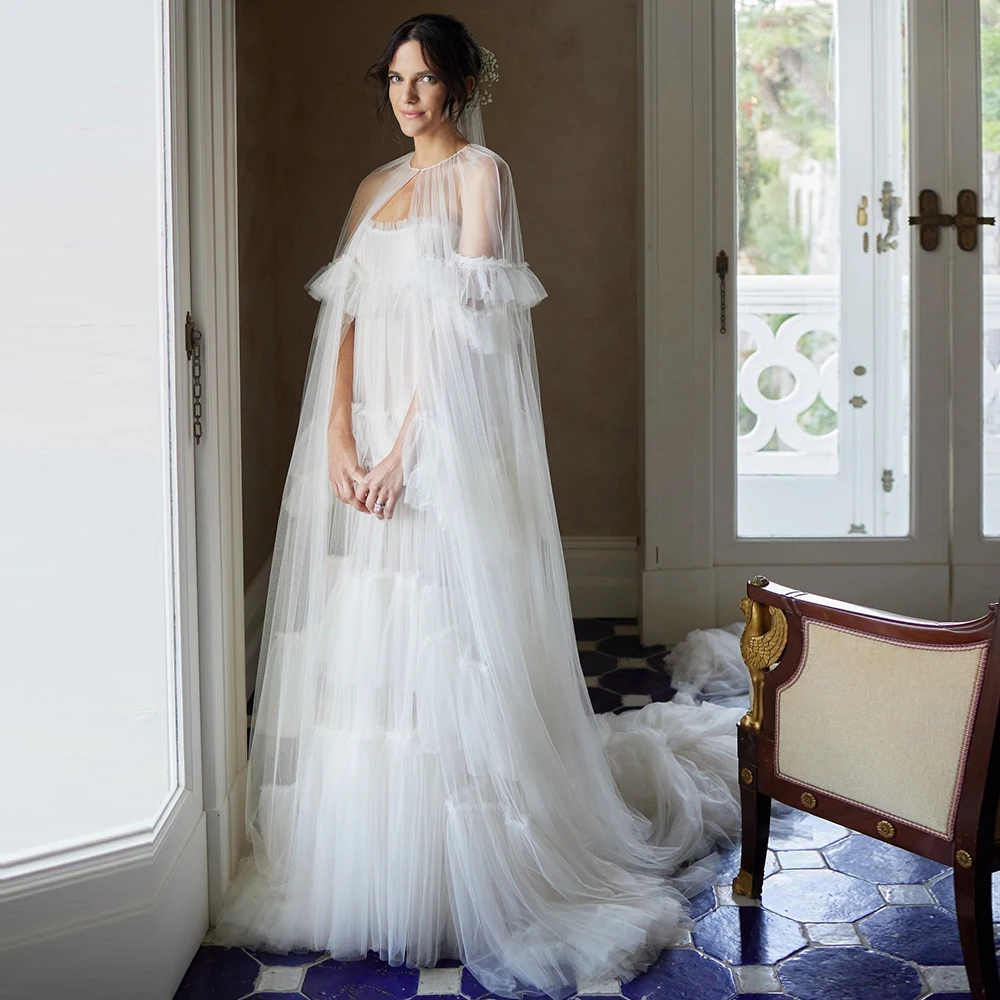 Robe de mariée en tulle drapé à plusieurs niveaux pour la photographie de mariée, superbe robe bohème pour les patients féminins avec cape, 20230 #, 2024