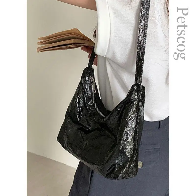 Pleated Design Handbags For Women Glossy Pu Leather Zipper Underarm Hobo Clutch Purse Korean Fashion Ladies Silver Shoulder Bags