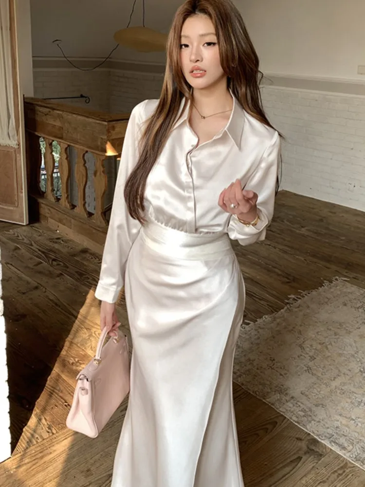 

Autumn Korean Women's Two Piece Sets Turn Down Collar Shirt Top Slimming High Waist Mermaid Skirt Suit Set Work Fashion Outfits