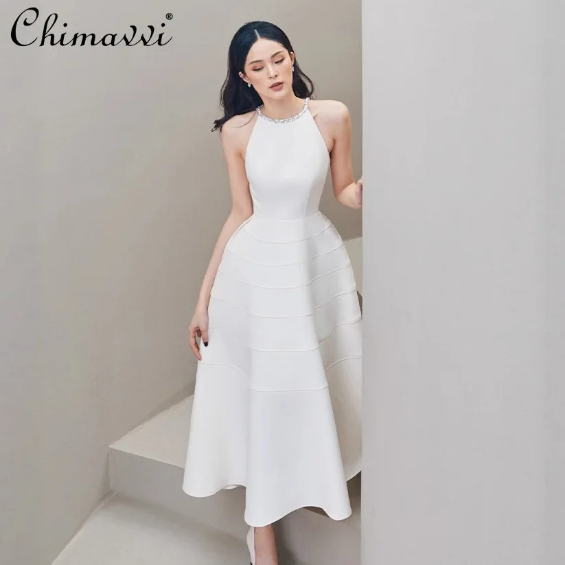 

French Elegant Socialite Engagement Party Dresses Diamond Neck Sleeveless Off Shoulder High Waist A-line White Long Dress Women