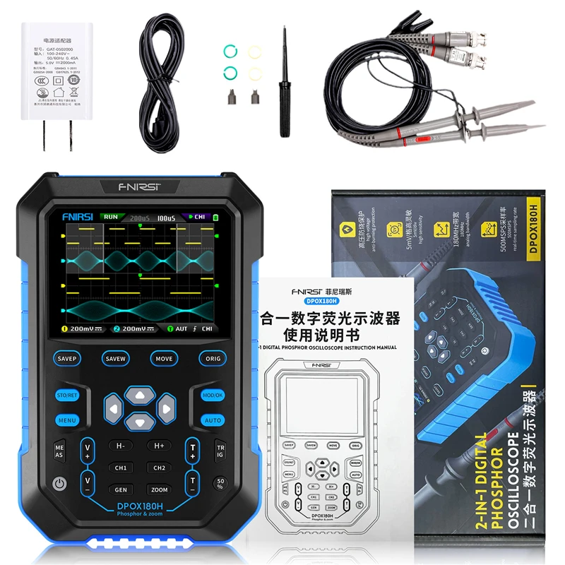 FNIRSI DPOX180H Osciloscópio digital portátil com tela fluorescente 180 MHz 50.000wfms/S Gerador de sinal 2 em 1 ZOOM de 20 MHz