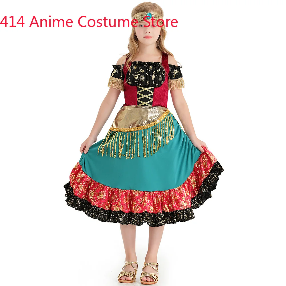 Child Kids Gypsy Girl Costume Spain Flamenco Dance Dress Sequin Bohemian Style 4-6Y 8-10Y