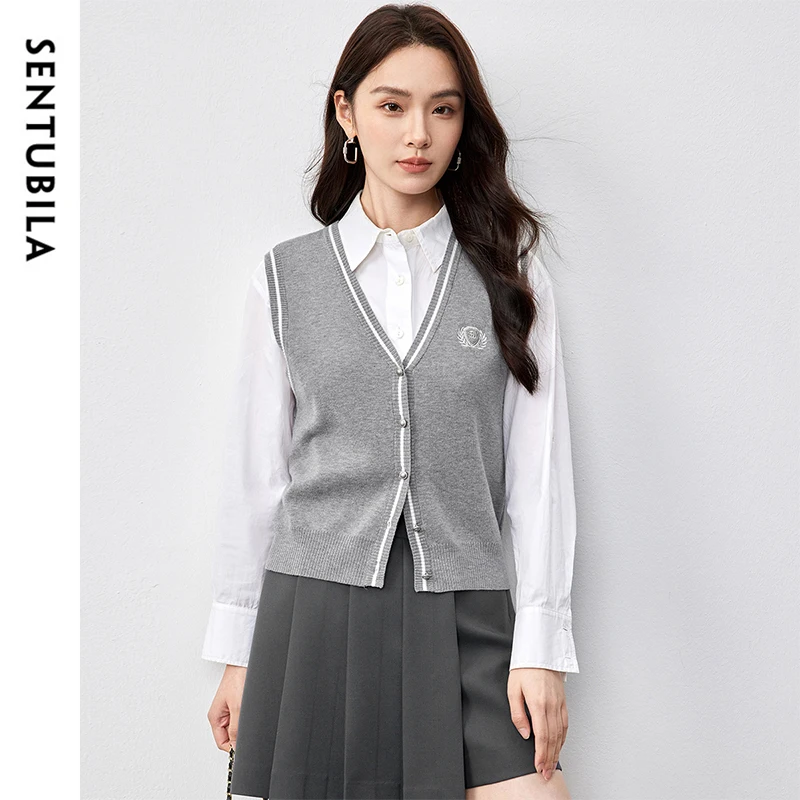 

SENTUBILA Wool Blend Sweater Vest Women 2025 Spring Preppy Style Knit Straight Spliced Single Breasted Embroidery Tops W51J58684