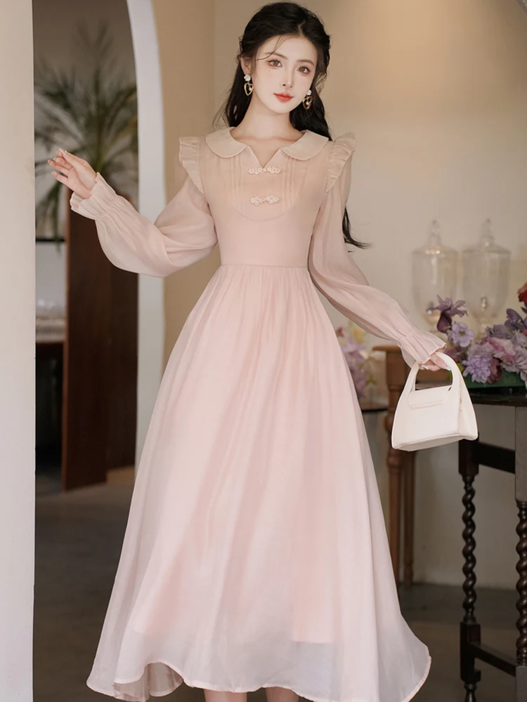 

Женское розовое элегантное длинное платье с длинным рукавом и рюшами для куклы, осеннее облегающее праздничное платье, 2025 г., корейское винтажное роскошное платье