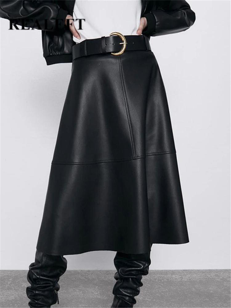 REALEFT 2022 New Autumn Winter PU-leather mi-long Skirt with Belt High Waist Vintage A-line Skirt Chic Mid-calf Umbrella Skirts