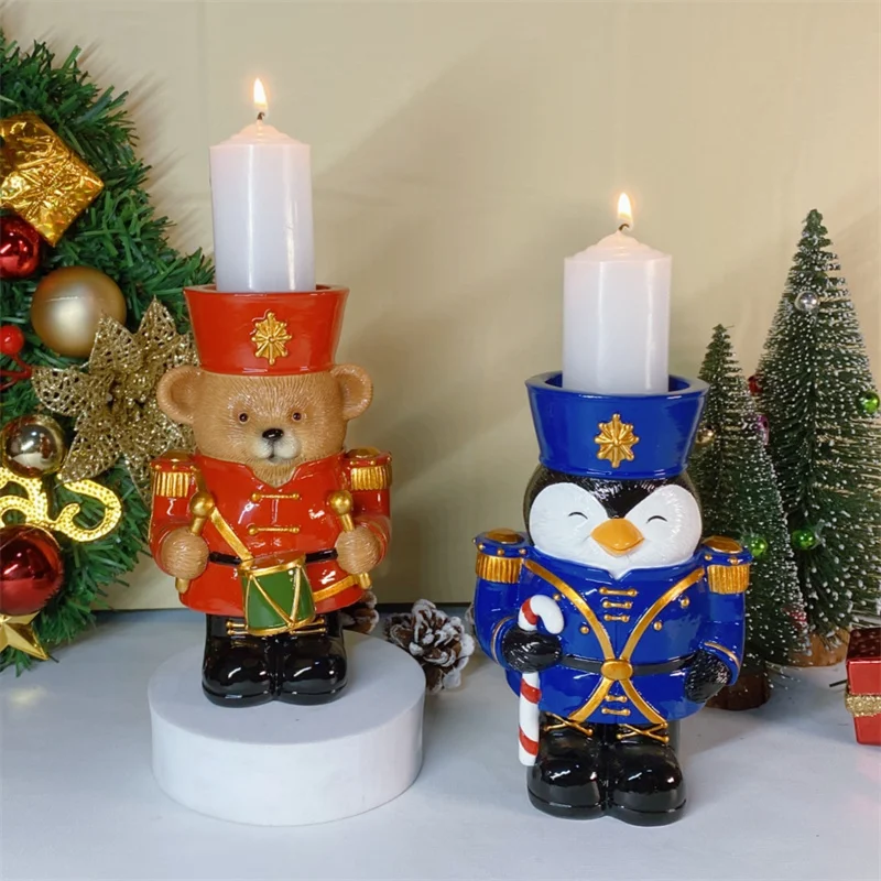 European Resin Nutcracker Candlestick Animal Soldier Figurines Christmas Decorations Brown Bear Candle Holder New Year Ornaments