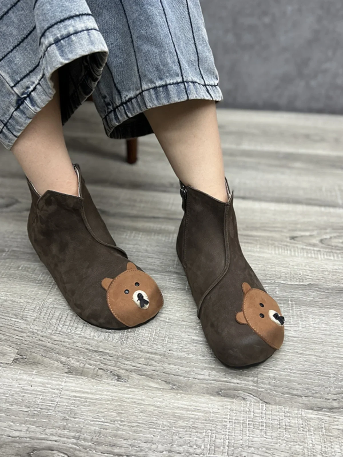 Birkuir Retro Bear Design Ankle Boots For Ladies Cartoon Shoes Luxury Elegant Flat Heel Side Zip Luxury 2024 Casual Short Boots
