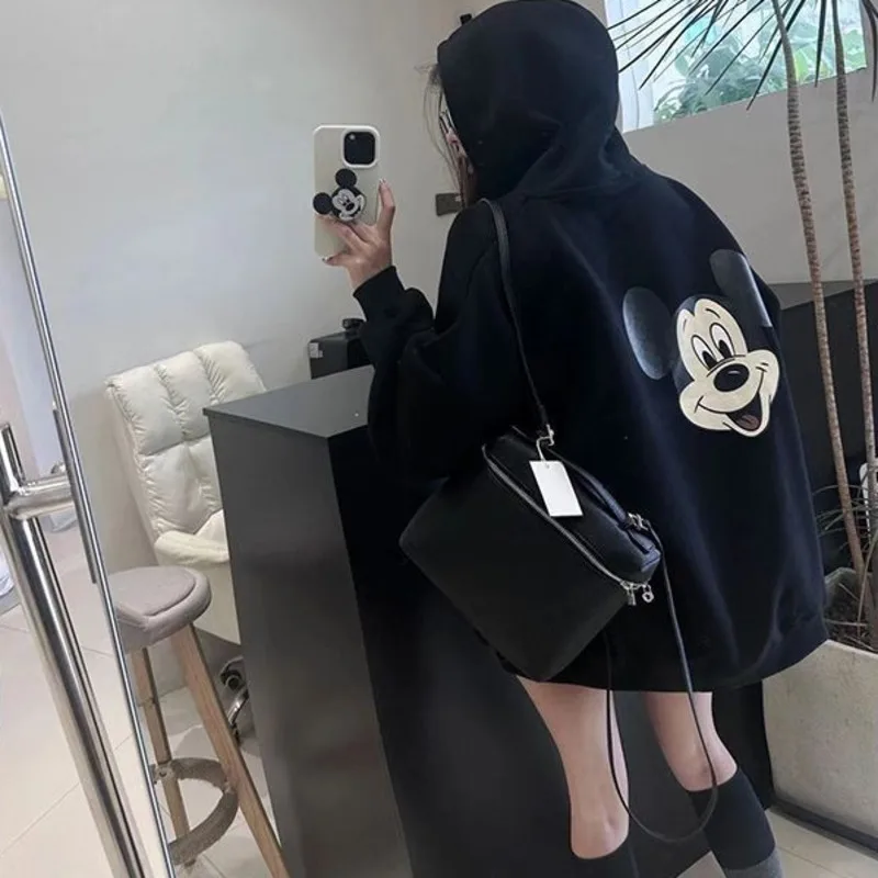 Disney Sweet And Cute Mickey Print Black Hooded Sweatshirt For Women Spring Autumn Korean Style Fashion Loose Versatile Pullover