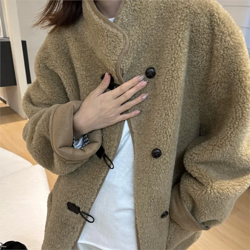 

B-TOTO 2024 Winter Lambhair Stand Up Collar Thick Coat For Women's New Loose Casual One-piece Coat Easy To Match For Daily Use