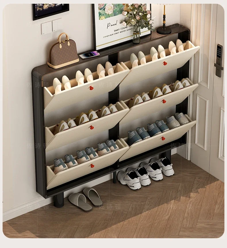 Cream style ultra-thin shoe cabinet with integrated shoe changing stool that can sit up to 12 centimeters