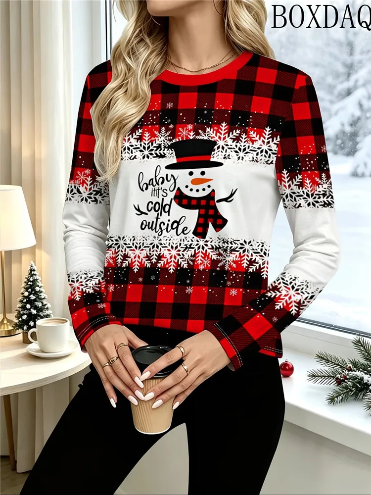 Women's Christmas Fashion Print Autumn T-Shirt New O-Neck Long Sleeve Pullovers T-Shirts Lady Casual Tops Party Womens Clothing