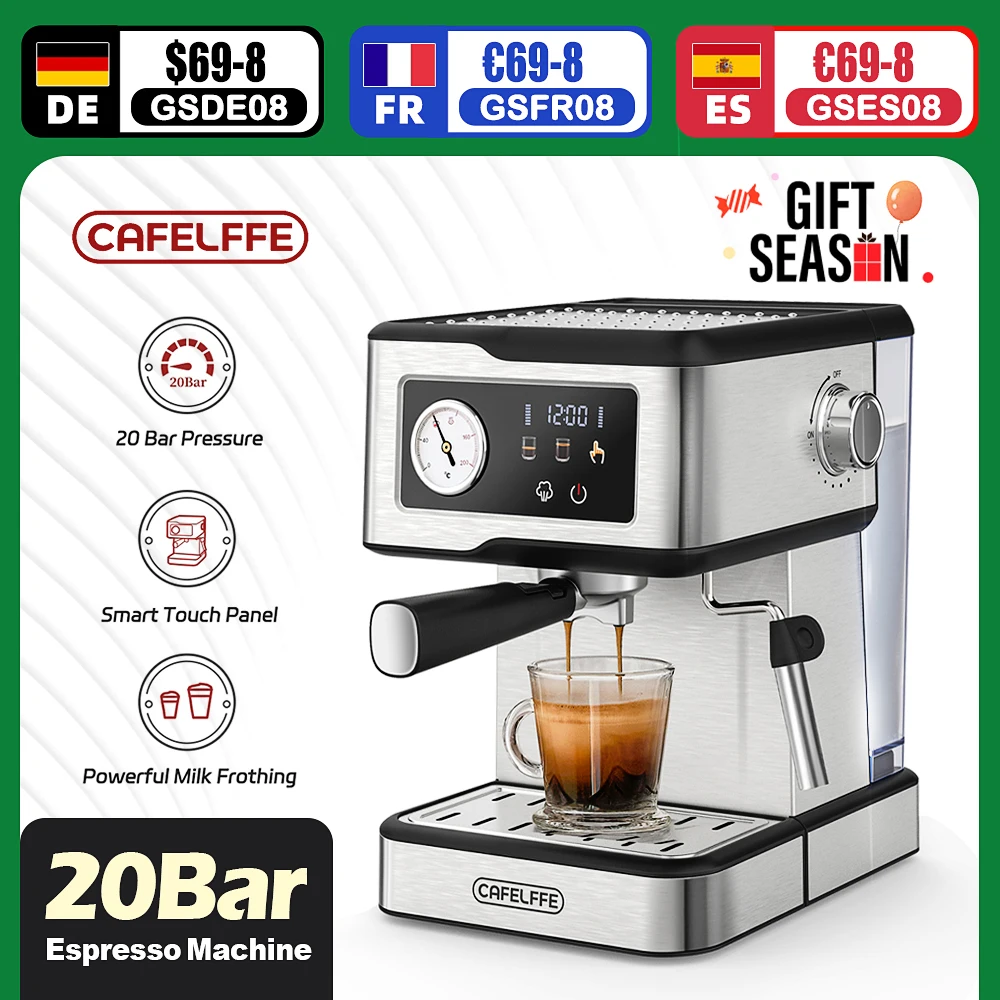 Cafelffe Espresso Coffee Machines Stainless Steel with Milk Frother Steam Wand Semi-Automatic Cappuccino maker 20Bar cafetera